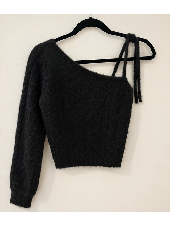 wild fable Tops - Black Fuzzy One Shoulder Tie Cropped Sweater NWT